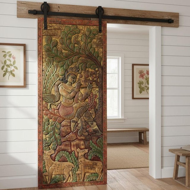 Mid-Century Modern Fluting Krishna With Deer – Vintage Carved Wood Wall Art From Colorful Indian Door 83x36 For Sale - Image 3 of 7