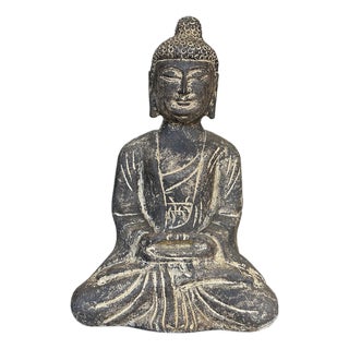 13.5" Black Brown Distressed Marks Small Stone Sitting Buddha Statue For Sale