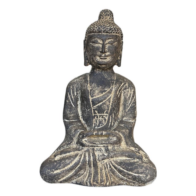 13.5" Black Brown Distressed Marks Small Stone Sitting Buddha Statue For Sale