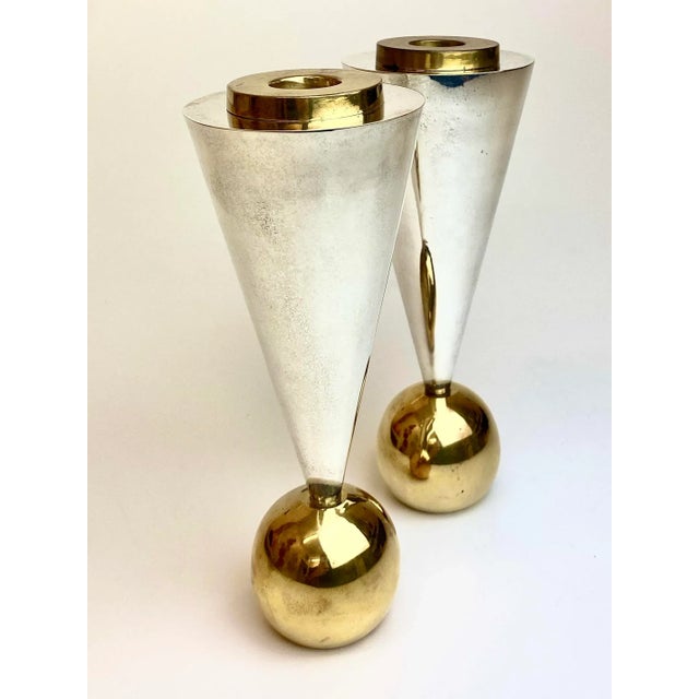 Mid-Century Modern Geometric Postmodern Sterling Silver and Brass Plated Candle Holders - a Pair For Sale - Image 3 of 11