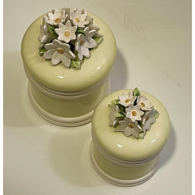 Shabby Chic Vintage Japanese Capodimonte Style Celadon Floral Canisters - Pair For Sale - Image 3 of 10