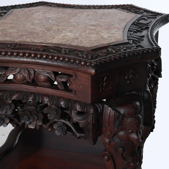 Antique Chinese Floral & Figural Carved Rosewood Rouge Marble Top Stand C1920 For Sale - Image 11 of 12
