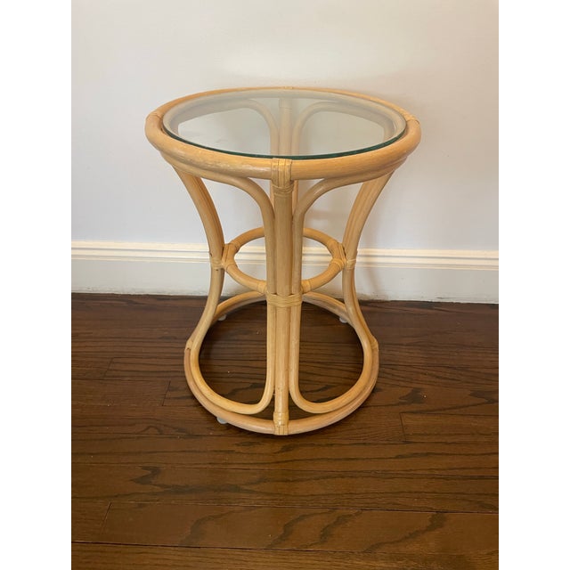 McGuire Vintage Round Bamboo Side Table With Glass Top For Sale - Image 4 of 4