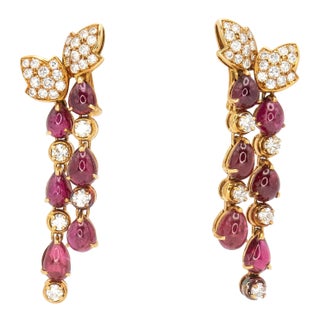 1980s Vintage French 18k Yellow Gold Ruby and Diamond Drop Earrings- 2 Pieces For Sale