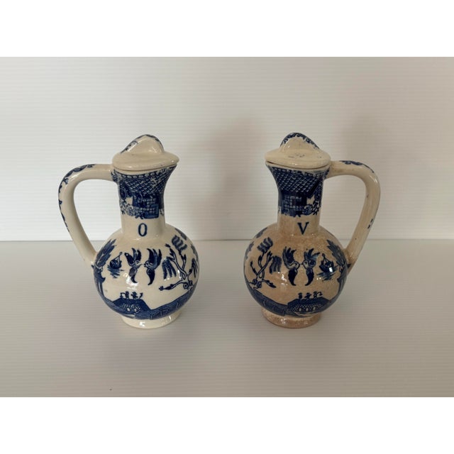 Late 19th Century Antique Blue & White Transferware Oil and Vinegar Cruet Set With Original Stoppers, Circa 1900 For Sale - Image 5 of 11