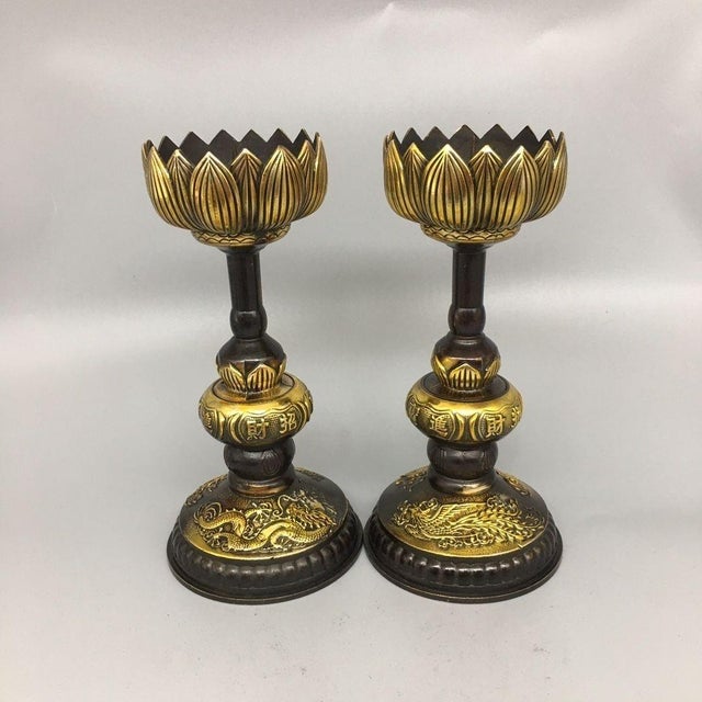 Late 20th Century Pair of Gilt Bronze Lotus Candlesticks, Dragon Phoenix Relief Candle Holders, Chinoiserie Altar Decor For Sale - Image 4 of 9