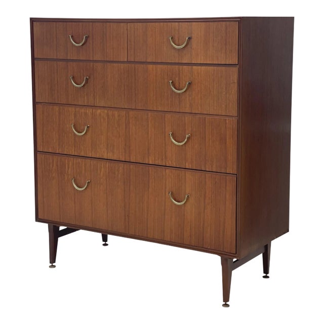 Vintage Recent Uk Import Mid-Century Modern 5 Drawer Dresser Mere-Dew Style With Brass Toned Pulls & Original Hardware in Walnut or Teak Tone For Sale