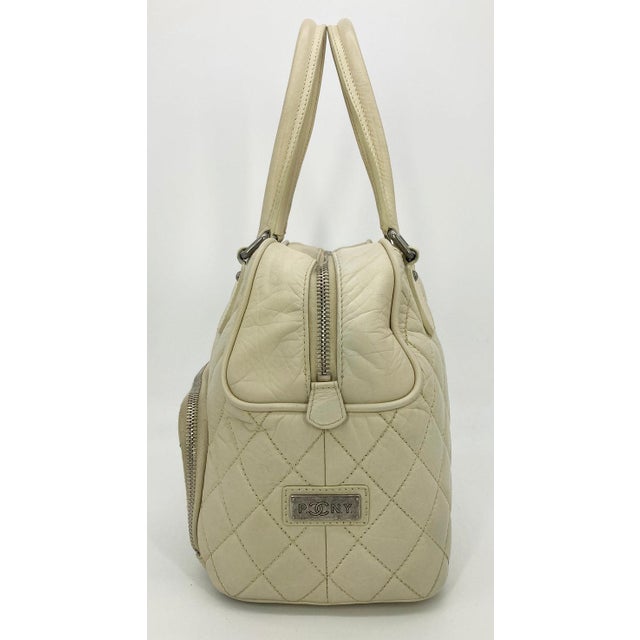 Early 21st Century Chanel Paris New York Cream Distressed Bowling Tote For Sale - Image 5 of 11
