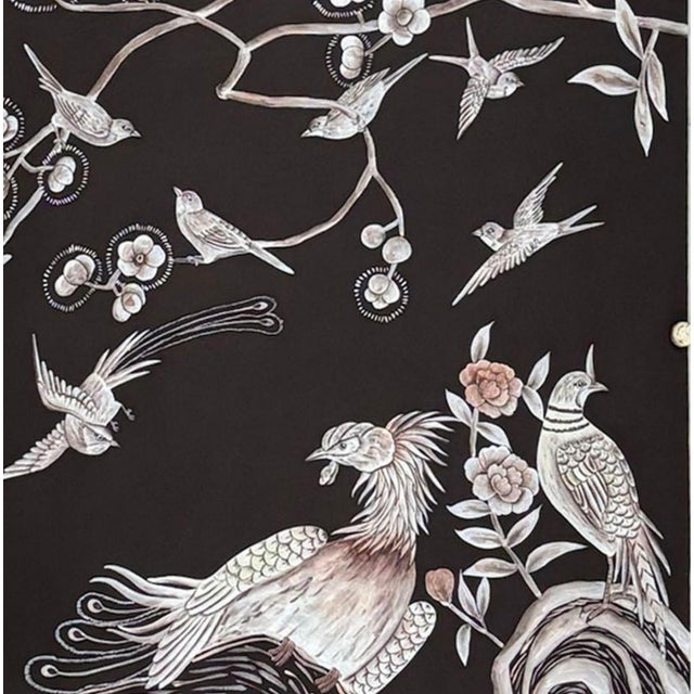Chinoiserie Black Hand-Painted Wallpaper, Floral & Bird Mural Wall Panels, Set of 6 For Sale - Image 6 of 7