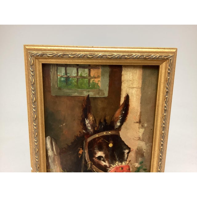 Late 19th Century Signed Oil Painting Farm Seen the Donkey and Hen on Wood Panel For Sale - Image 4 of 6