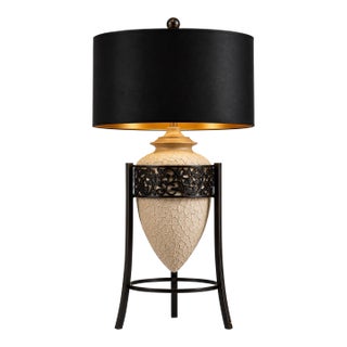 Vintage Mediterranean Textured Ceramic Tripod Urn Lamp With Black & Gold Shade For Sale
