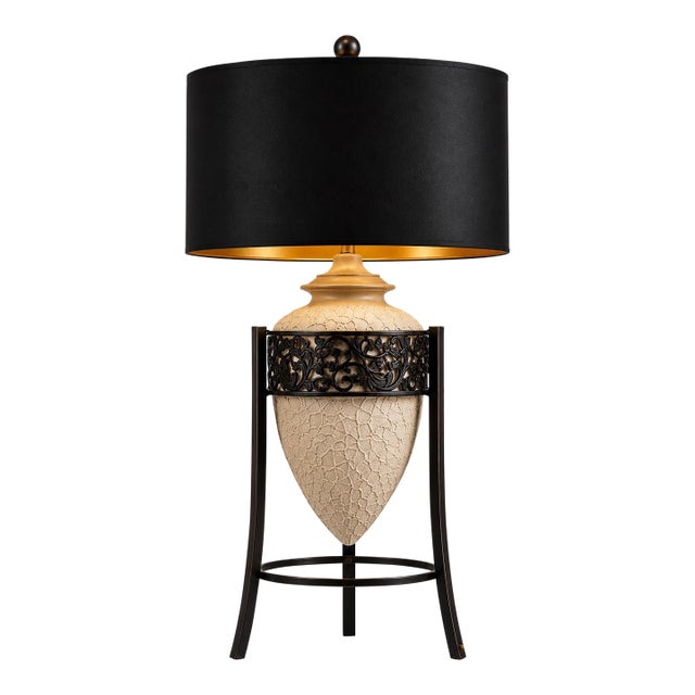 Vintage Mediterranean Textured Ceramic Tripod Urn Lamp With Black & Gold Shade For Sale