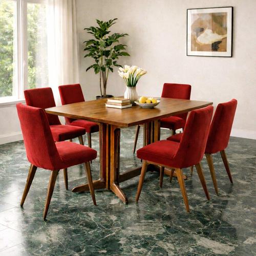 Group of vintage chairs with wooden legs, seat and backrest in foam and springs and original period upholstery in burgundy...