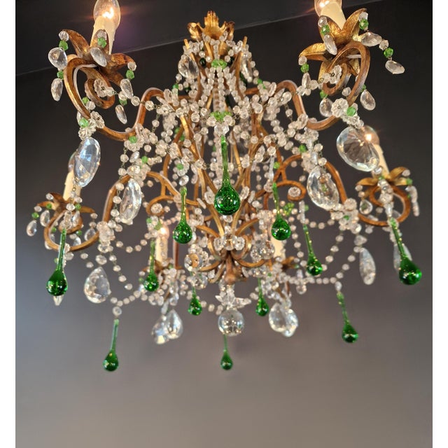 Glass 1940s Italian Rococo Revival Crystal Chandelier With Emerald Green Drops 6 Lights For Sale - Image 7 of 13