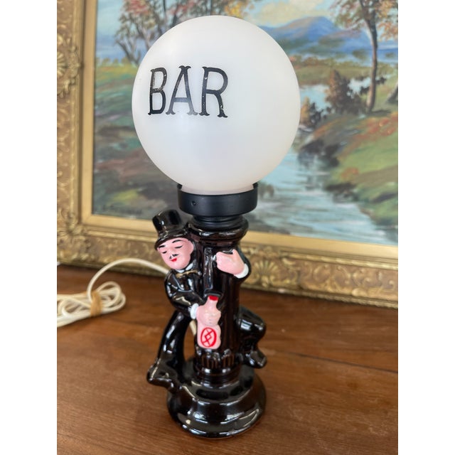 American Mid 20th Century American Novelty Bar Lamp With Ceramic Drunk Man and Frosted Globe Shade For Sale - Image 3 of 9
