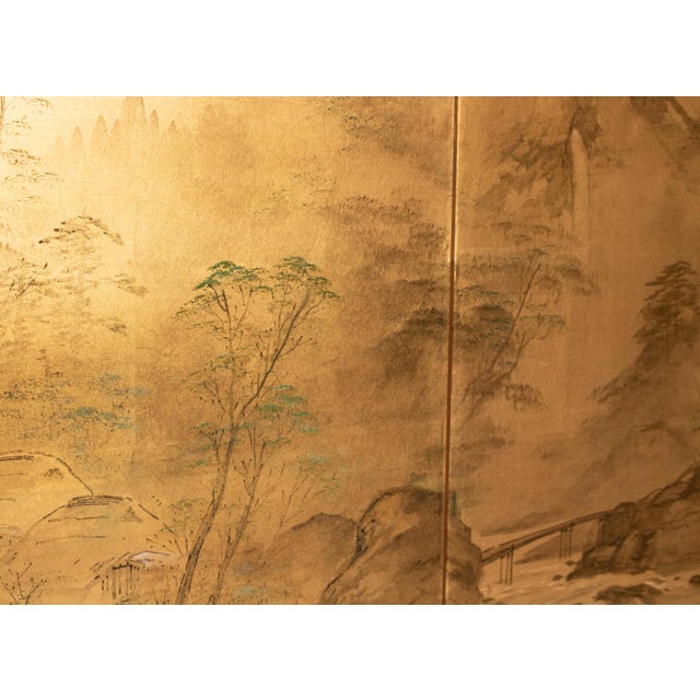 1960s Shōwa Era Japanese Byobu Screen "Landscape With Bridge" on Gold Background For Sale - Image 11 of 18