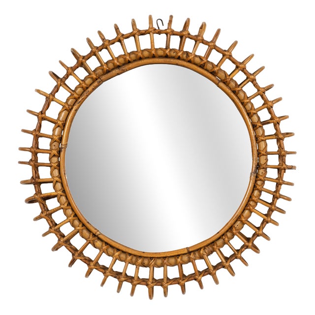 Vintage Round Wall Mirror in Bamboo and Rattan by Franco Albini, 1960s For Sale