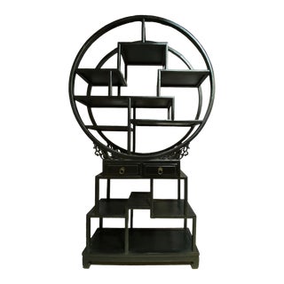Vintage Chinese Black Lacquer Display Cabinet / Bookcase/ Shelves 71" H For Sale