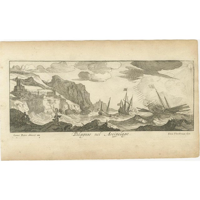 Title: Stormy Scene in the Aegean Archipelago with Coastal Fortifications, circa 1680 : This copperplate engraving...