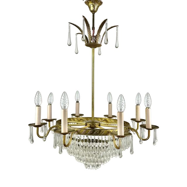 Vintage French Cascading Crystal and Brass Chandelier, 1960s For Sale