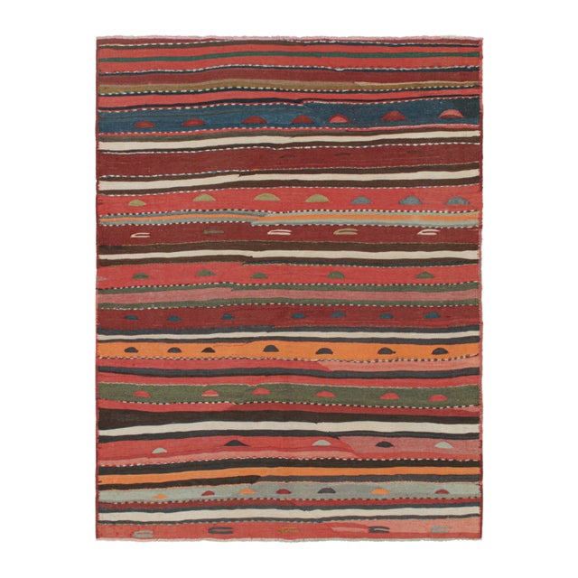 This vintage 4x6 Persian Kilim is a tribal rug from Meshkin—a small northwestern village in Iran known for its craft....