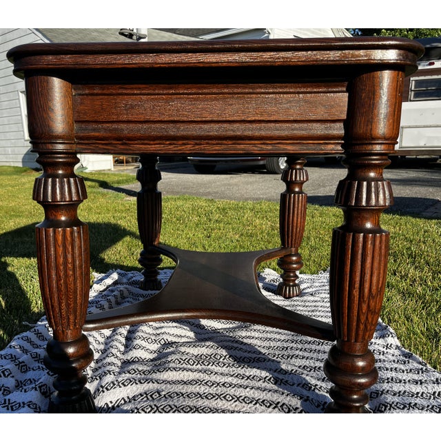 Antique Tiger Oak Library Table / Desk – Bailey, Jones & Co., Jamestown, n.y. For Sale - Image 4 of 8