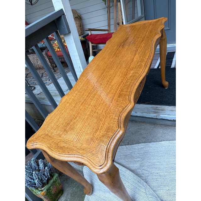 1970s Golden Oak Console Table With Decorative Design Motiff For Sale - Image 10 of 11