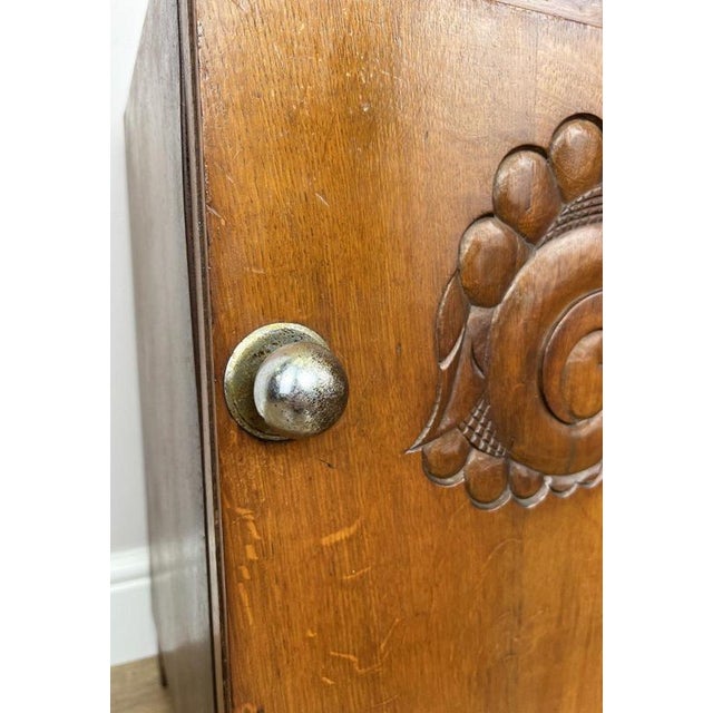 Brown Antique French Art Deco Oak Bedside Table with Marble Top For Sale - Image 8 of 12