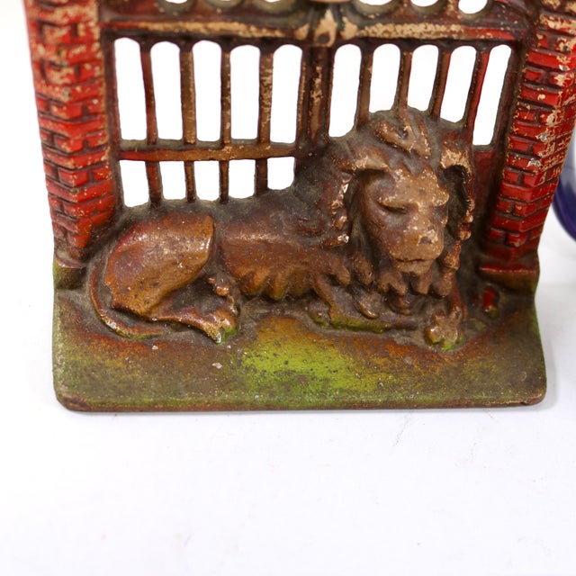 Antique Gaurdian Lion Painted Cast Iron Bookends-a Pair For Sale - Image 4 of 13