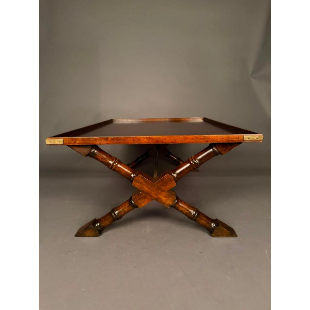 Vintage Campaign Style Mahogany Coffee Table With Removable Leather-Lined Trays & Brass Accents, Circa 1980 For Sale - Image 10 of 13