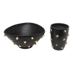 Vintage Alvino Bagni for Bitossi Black Ceramic Bowl and Vase With Gold Plated Studs Set Italian