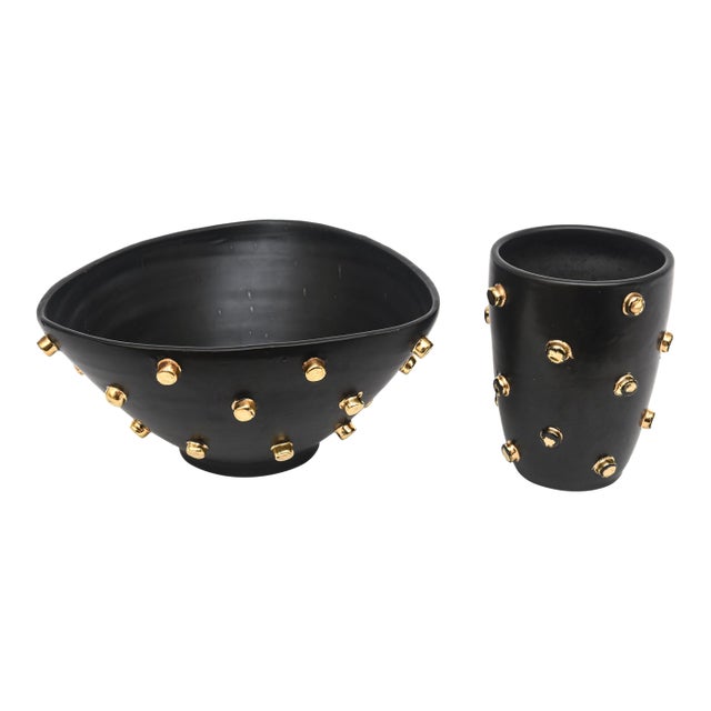 Vintage Italian Alvino Bagni for Bitossi Black Ceramic Bowl and Vase With Gold Plated Studs, 1960's For Sale