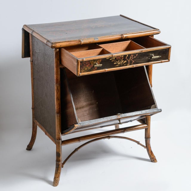 Late 19th Century Antique French Napoleon III Chinoiserie Lacquered Bamboo Work Table For Sale - Image 5 of 17