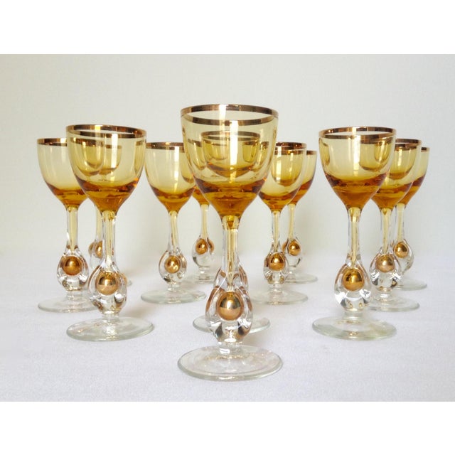 1960s Italian Handblown Amber & Gilt Gold Crystal Cordial Glasses Set