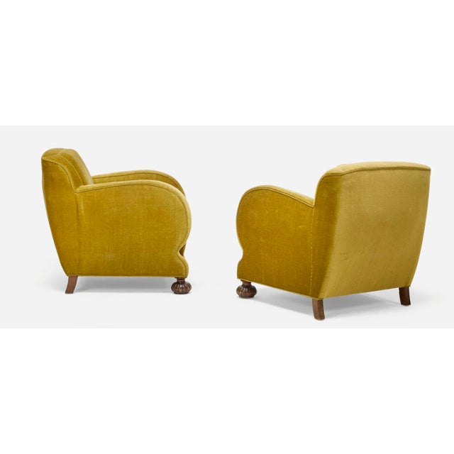 Märta Blomstedt, attribution Lounge chairs, pair Finland, c. 1940 Carved walnut with mohair upholstery 30¾ h × 29½ w × 33...