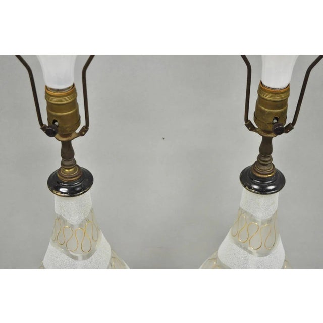 Vintage Mid Century Modern Sculpted Frosted Glass Gold Wavy Table Lamps - A Pair For Sale In Philadelphia - Image 6 of 11