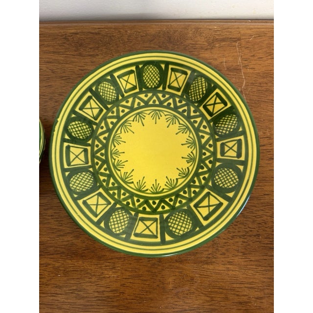 Yellow Vintage Mexican Pottery Chip & Dip Serving Set Hand Painted Yellow Green 2Pc For Sale - Image 8 of 14