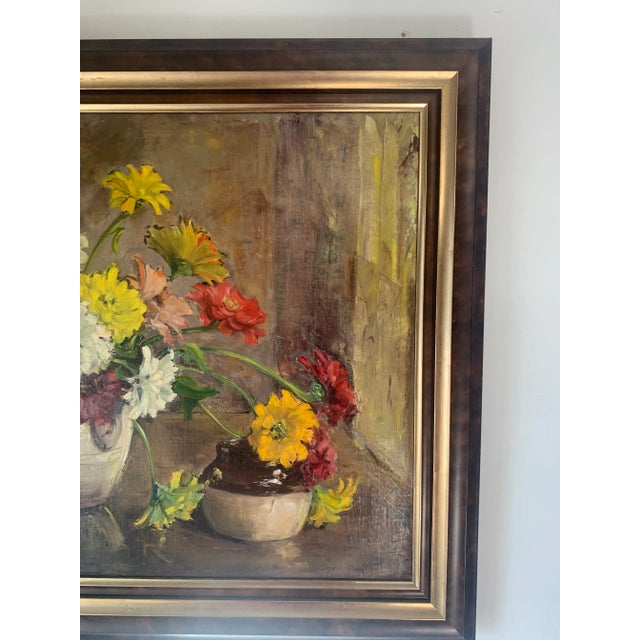 Brown Vibrant Floral Still Life Oil Painting by Jennie Thatcher Crawford, Framed For Sale - Image 8 of 13