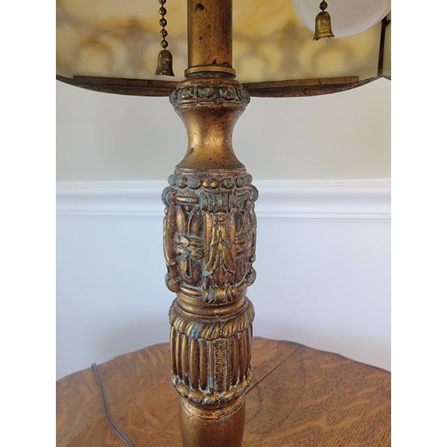 Metal Antique Rainau Tudor Revival Bronze & Slag Glass Table Lamp, C. 1925–1935 For Sale - Image 7 of 9