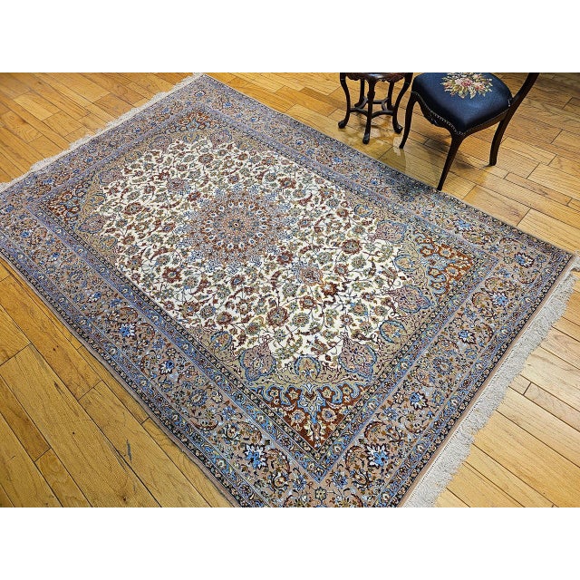 19th Century Vintage Persian Isfahan Rug, Hand-Knotted Wool & Silk, Floral Pattern, Ivory & Caramel,7x10 For Sale - Image 5 of 15