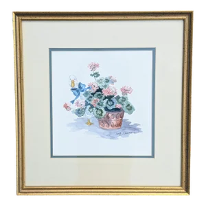 Vintage Still Life Potted Geranium Watercolor Painting Signed