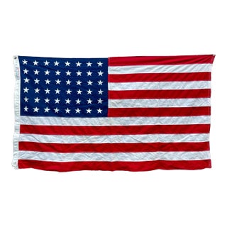 Antique 48 Star American Flag Sewn Stars and Stripes Faded Colors Natural Tea Stained Patina For Sale