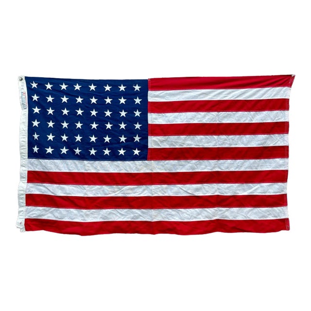 Antique 48 Star American Flag Sewn Stars and Stripes Faded Colors Tea Stained Patina For Sale