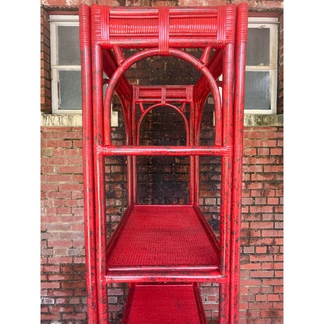 Vintage Rattan Etagere Bookcase in Vermillion Red Faux Tortoise Shell Finish - Newly Painted For Sale In Mobile - Image 6 of 12