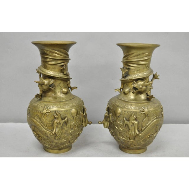 Vintage Japanese Dragon Relief Bronze Chinese 10" Oriental Flower Vase - A Pair For Sale - Image 13 of 14