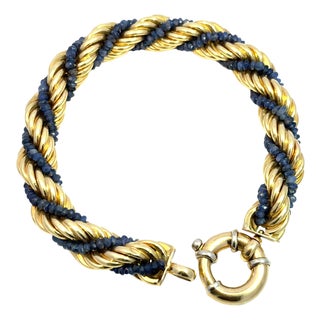 18k Yellow Gold Rope Bracelet With Blue Sapphire Accents For Sale