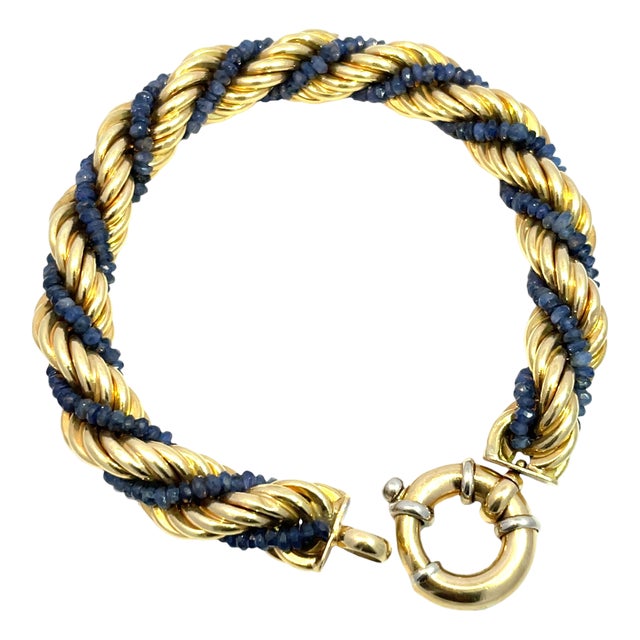 18k Yellow Gold Rope Bracelet With Blue Sapphire Accents For Sale
