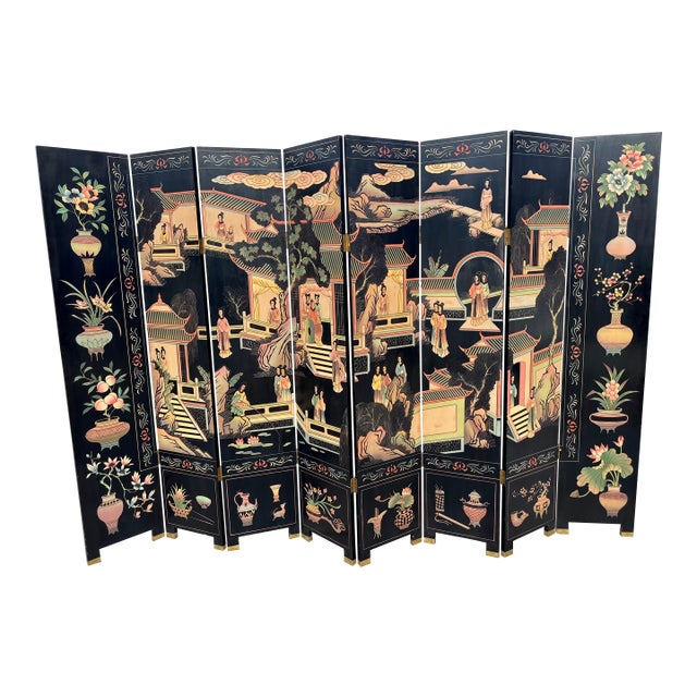 Mid 20th Century Asian Ebonized Coromandel 8 Panel Room Divider Screen For Sale
