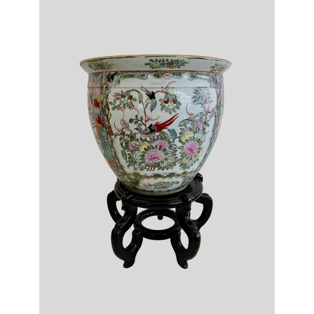 Large Hand-Painted Vintage Chinese Famille Rose Fishbowl with Stand. This regal looking large famille rose fishbowl...