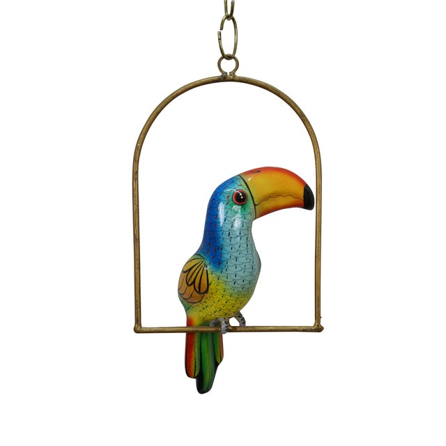 Mexican Mexican Folk Art Paper Mache Boho Hanging Toucan Parrot Bird Sculpture 13" For Sale - Image 3 of 15